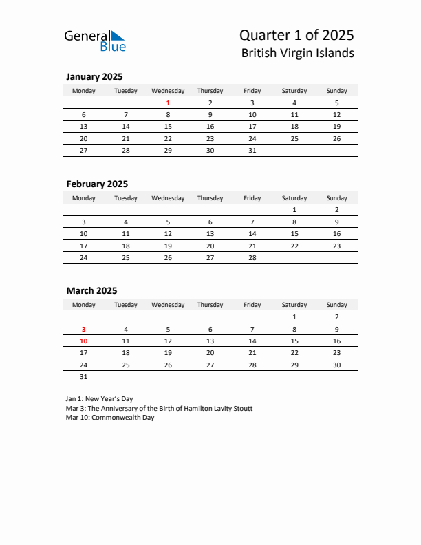 2025 Q1 Three-Month Calendar for British Virgin Islands
