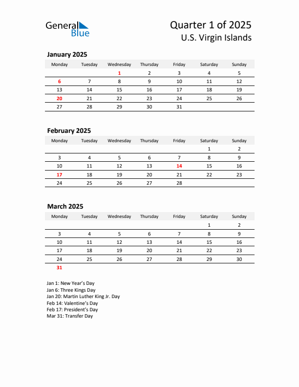 2025 Q1 Three-Month Calendar for U.S. Virgin Islands