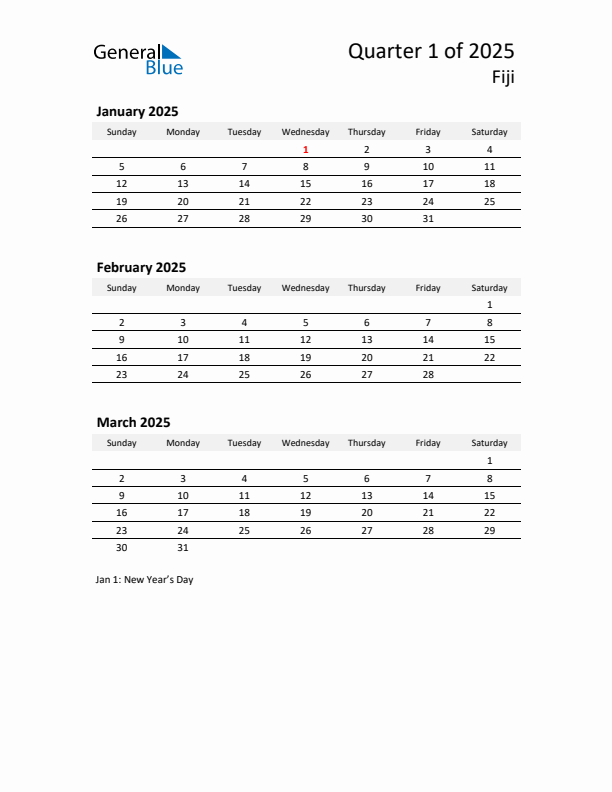 2025 Q1 Three-Month Calendar for Fiji