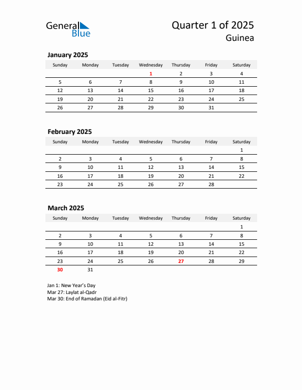 2025 Q1 Three-Month Calendar for Guinea