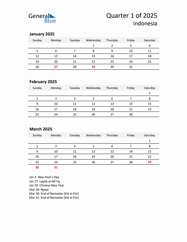 2025 Q1 Three-Month Calendar for Indonesia