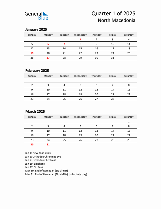 2025 Q1 Three-Month Calendar for North Macedonia