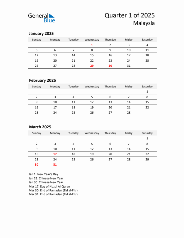 2025 Q1 Three-Month Calendar for Malaysia
