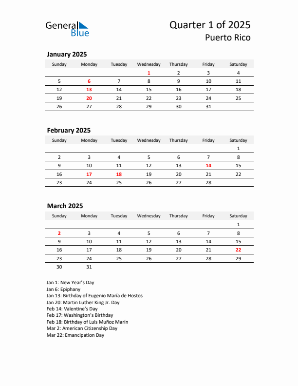 2025 Q1 Three-Month Calendar for Puerto Rico