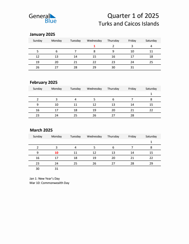 2025 Q1 Three-Month Calendar for Turks and Caicos Islands