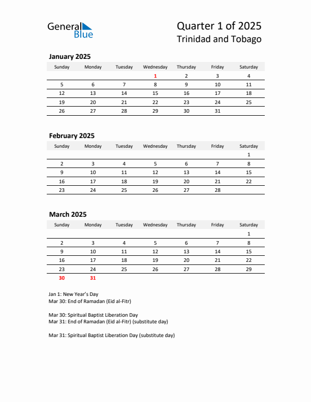 2025 Q1 Three-Month Calendar for Trinidad and Tobago