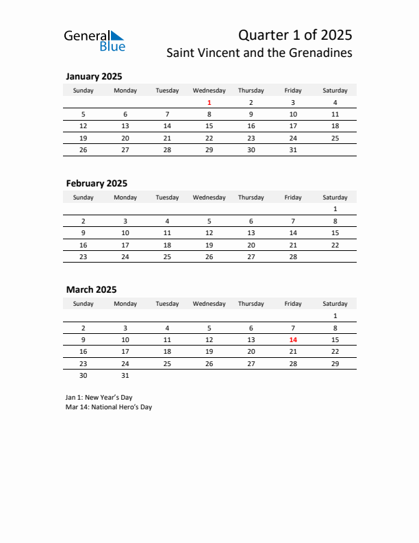 2025 Q1 Three-Month Calendar for Saint Vincent and the Grenadines