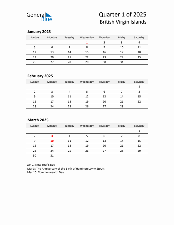 2025 Q1 Three-Month Calendar for British Virgin Islands