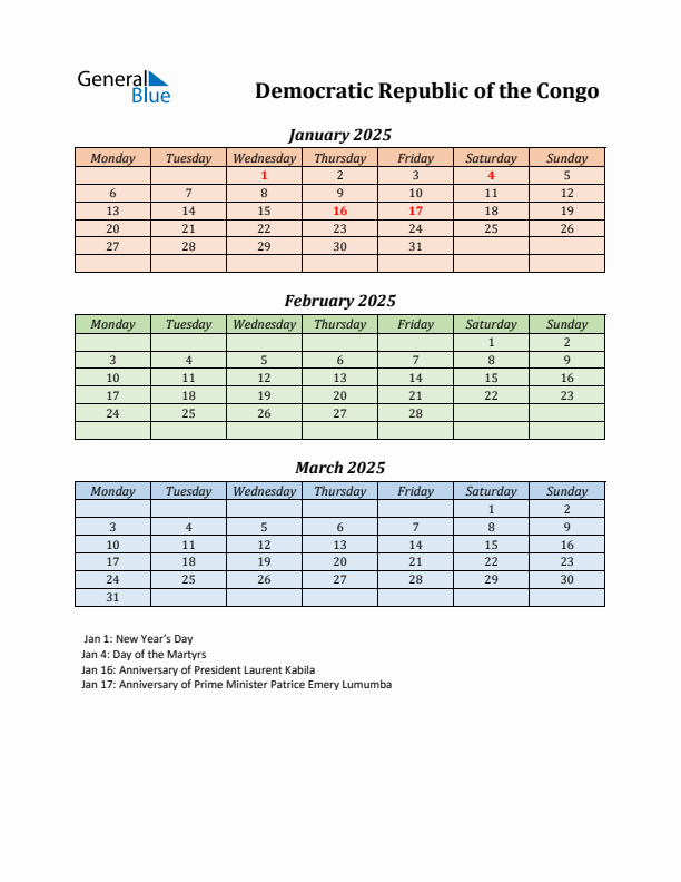 Q1 2025 Holiday Calendar - Democratic Republic of the Congo