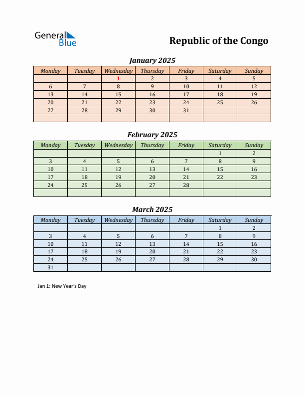 Q1 2025 Holiday Calendar - Republic of the Congo