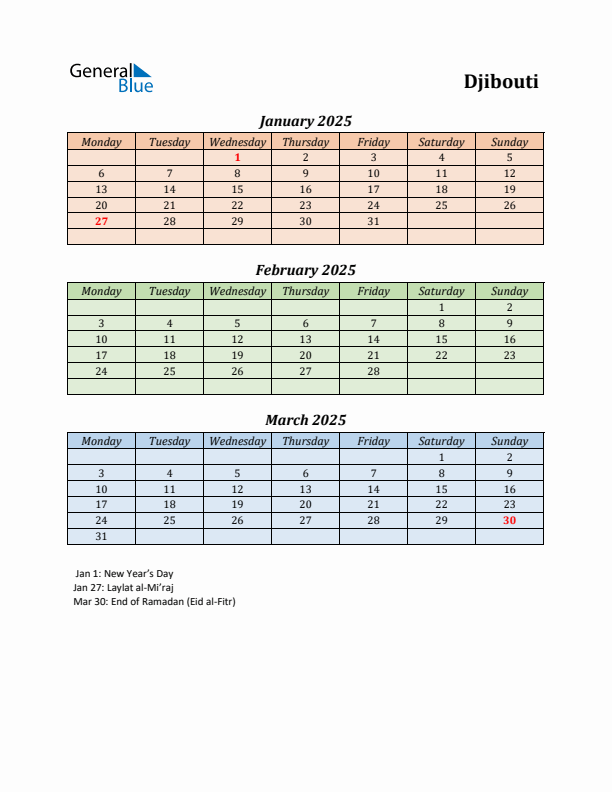 Q1 2025 Holiday Calendar - Djibouti