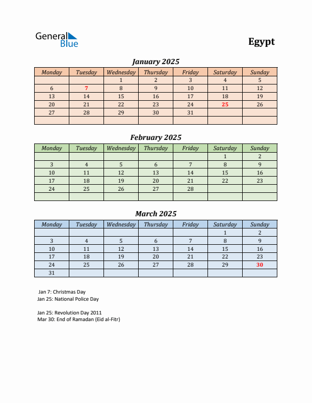 Q1 2025 Holiday Calendar - Egypt