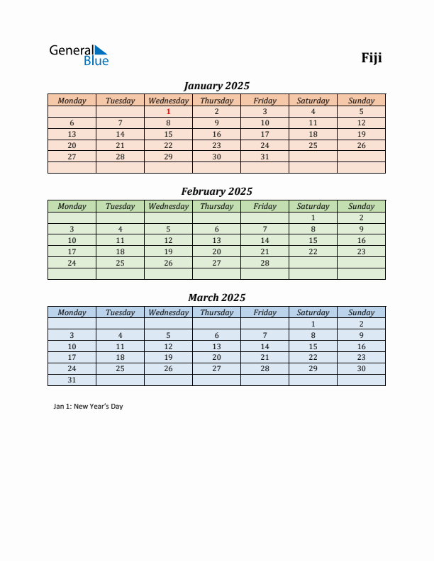 Q1 2025 Holiday Calendar - Fiji