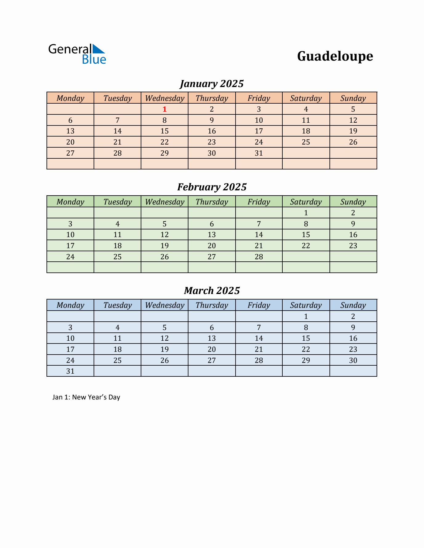 Q1 2025 Holiday Calendar - Guadeloupe