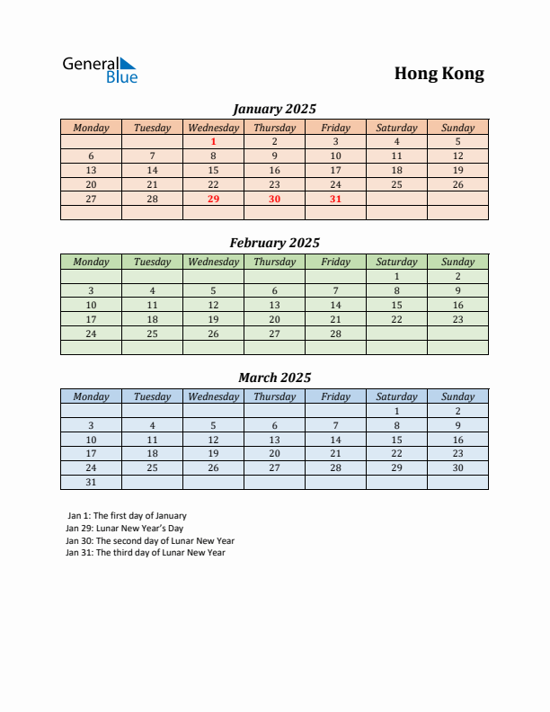 Q1 2025 Holiday Calendar - Hong Kong