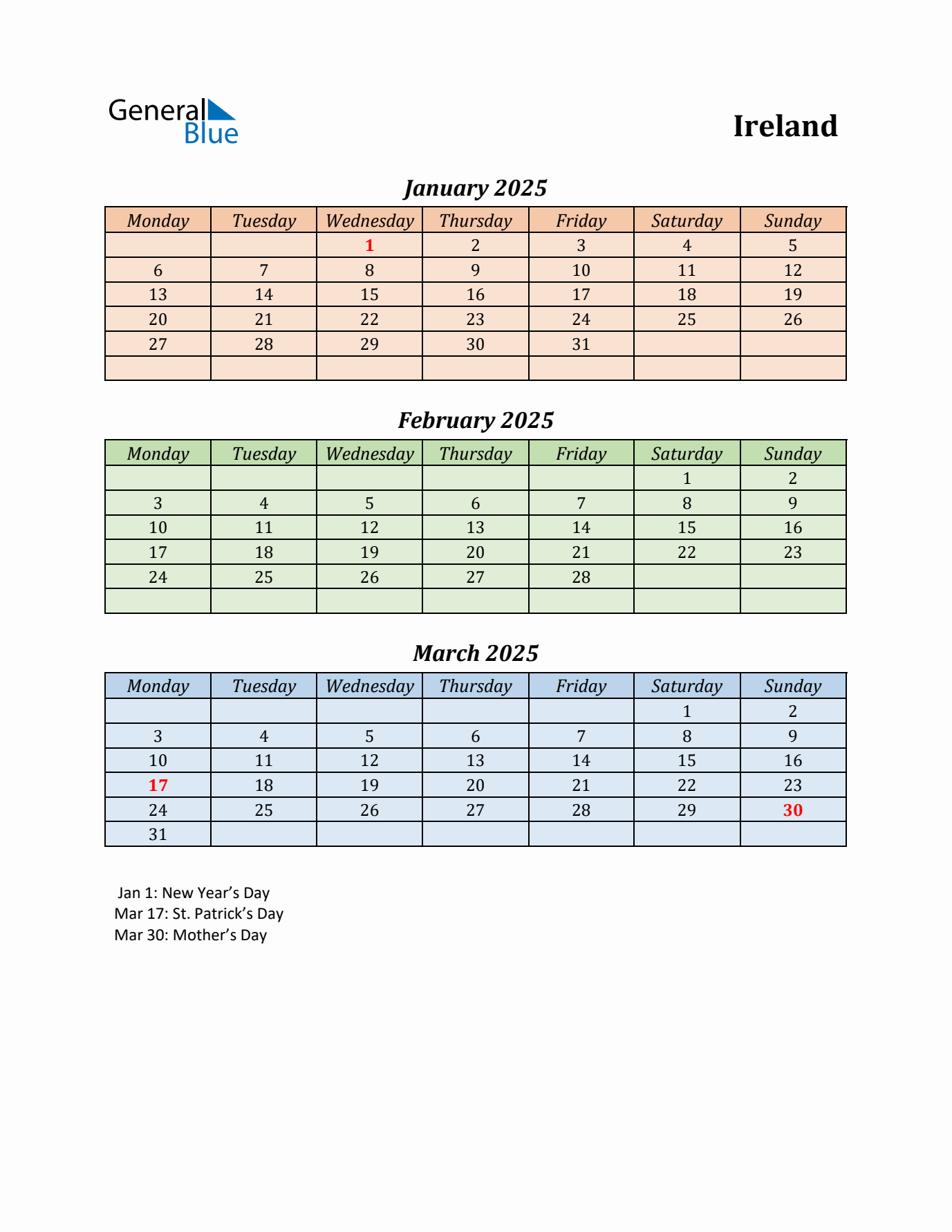Q1 2025 Holiday Calendar - Ireland