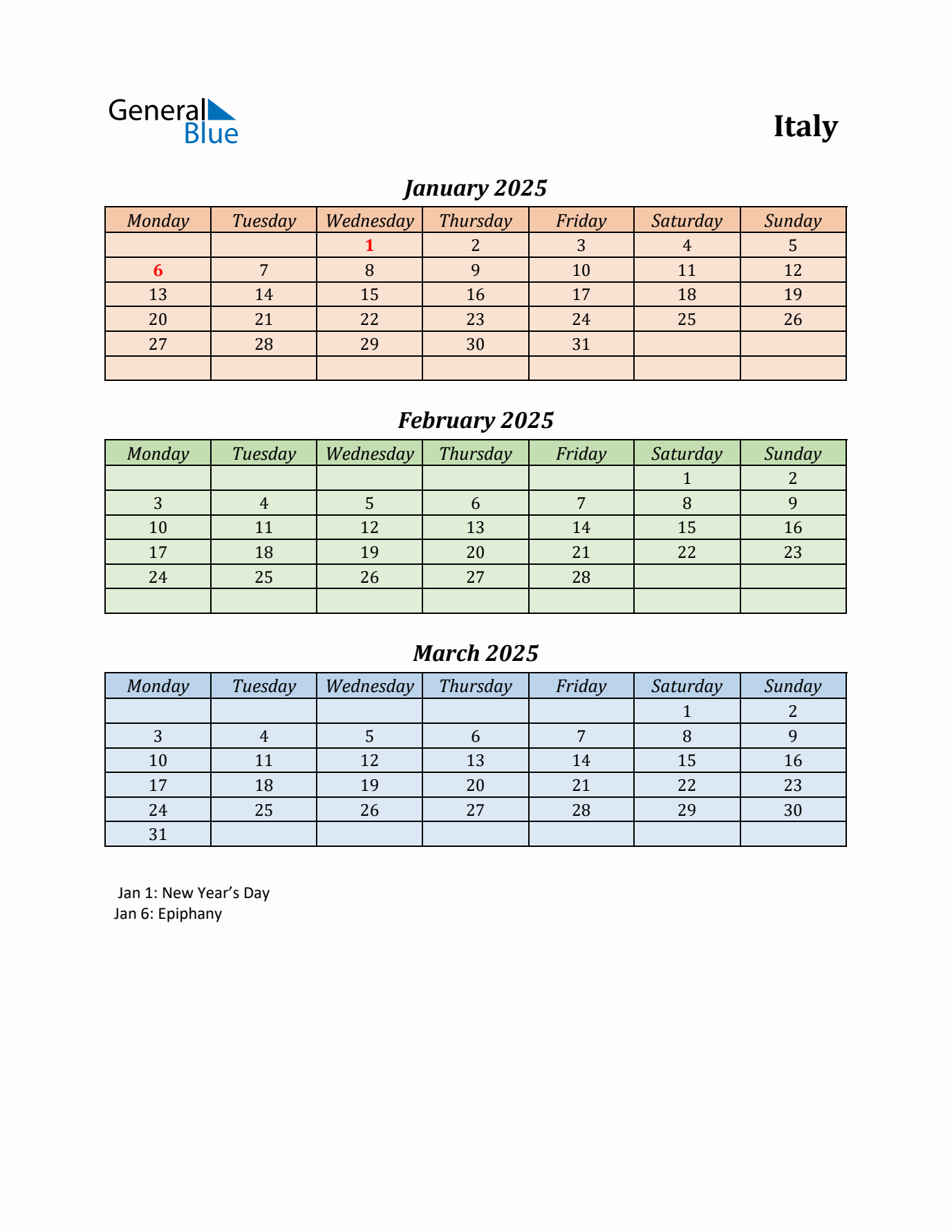 Q1 2025 Holiday Calendar - Italy