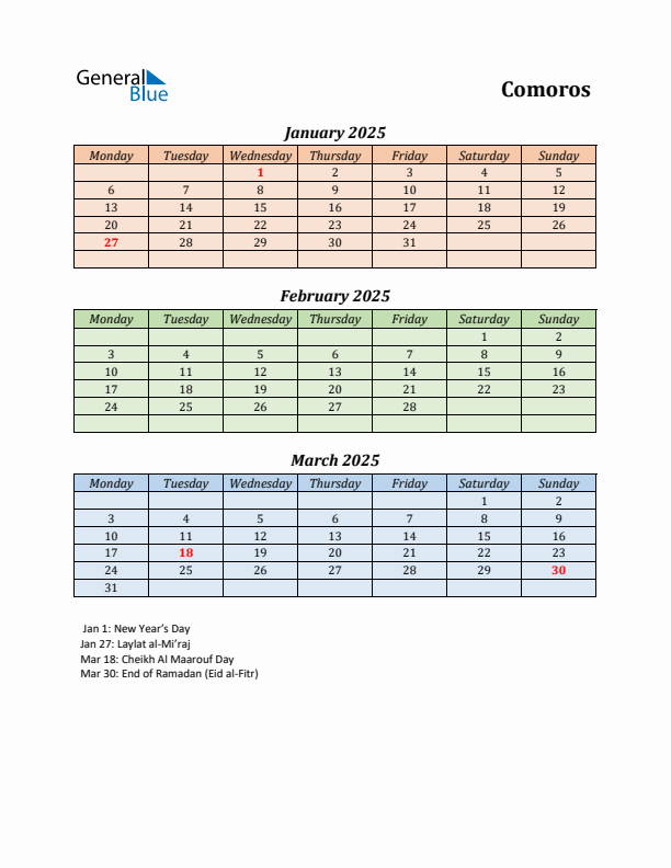 Q1 2025 Holiday Calendar - Comoros
