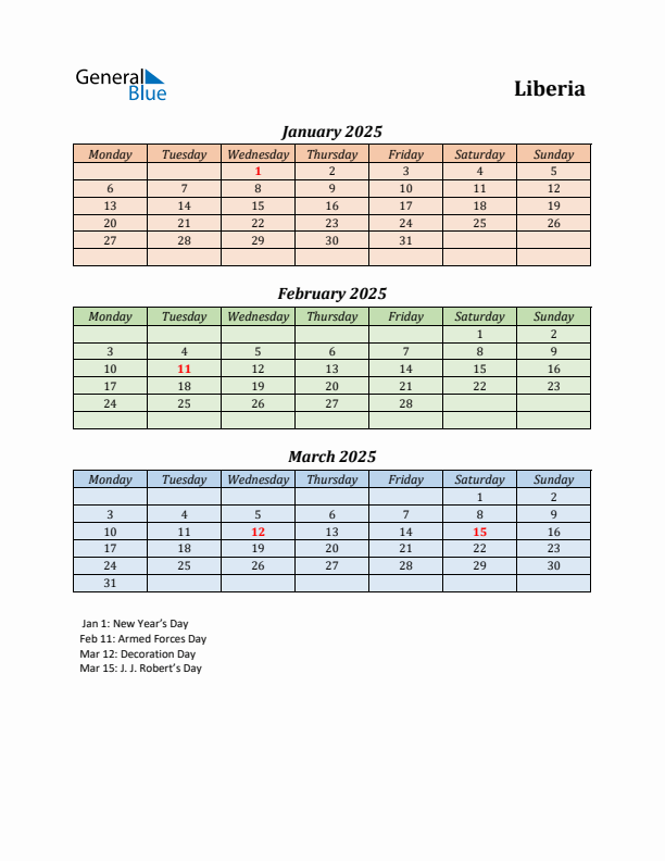 Q1 2025 Holiday Calendar - Liberia