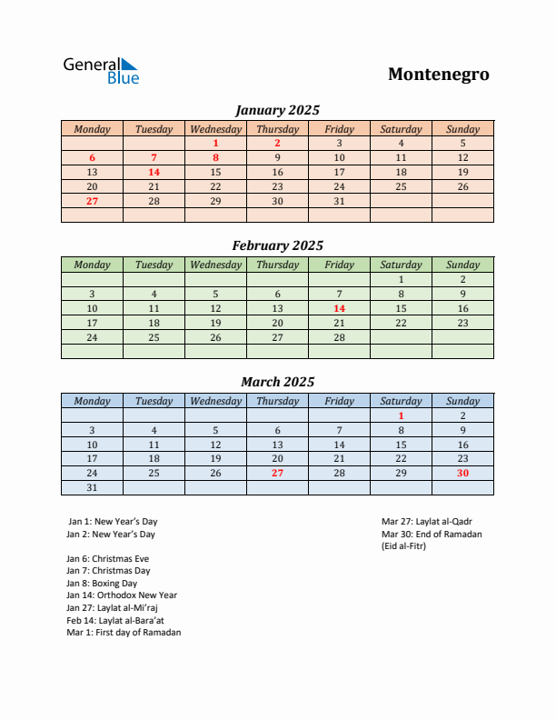 Q1 2025 Holiday Calendar - Montenegro