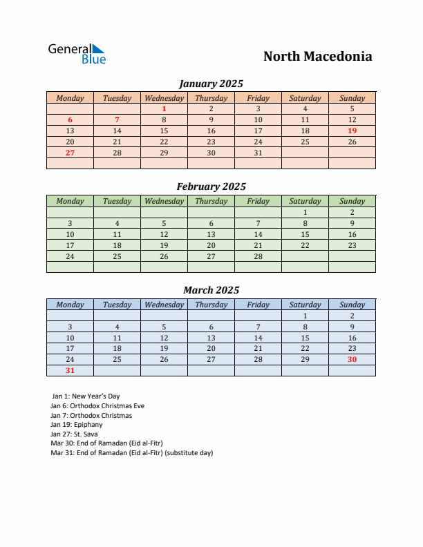 Q1 2025 Holiday Calendar - North Macedonia