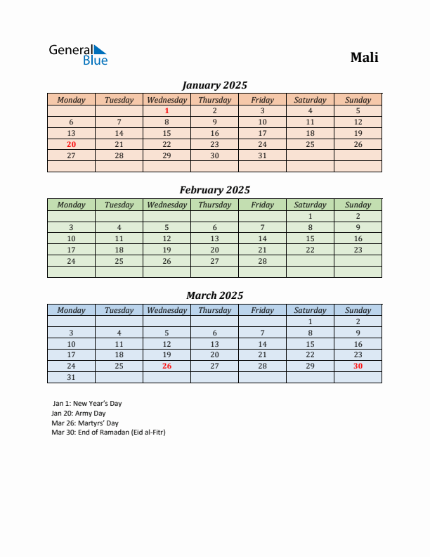 Q1 2025 Holiday Calendar - Mali