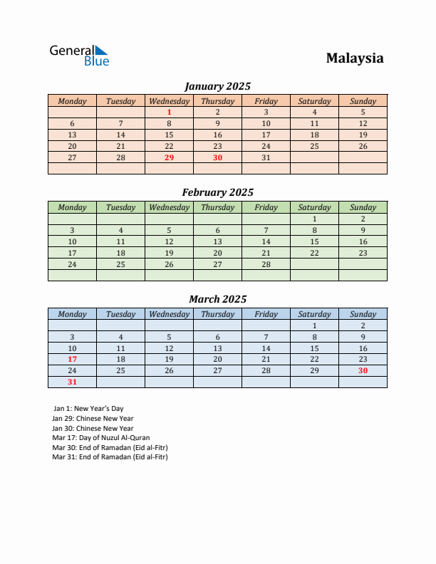 Q1 2025 Holiday Calendar - Malaysia
