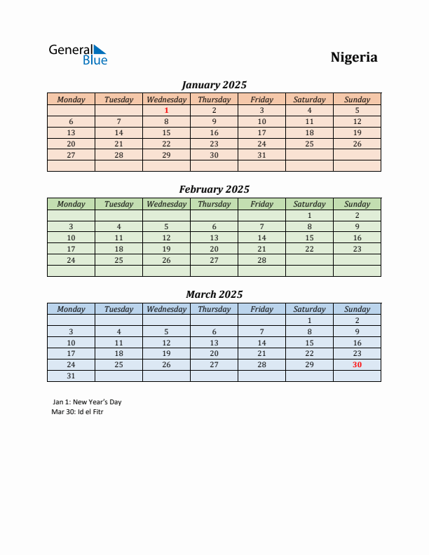 Q1 2025 Holiday Calendar - Nigeria