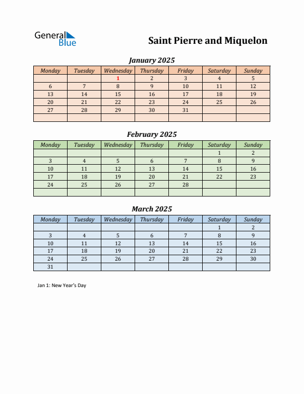 Q1 2025 Holiday Calendar - Saint Pierre and Miquelon