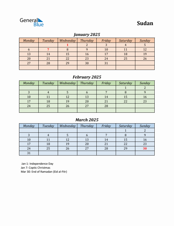 Q1 2025 Holiday Calendar - Sudan