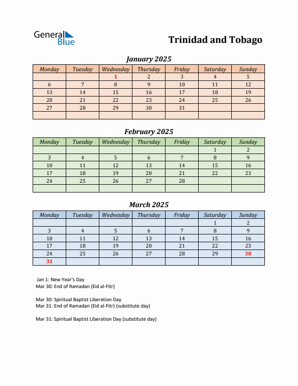 Q1 2025 Holiday Calendar - Trinidad and Tobago