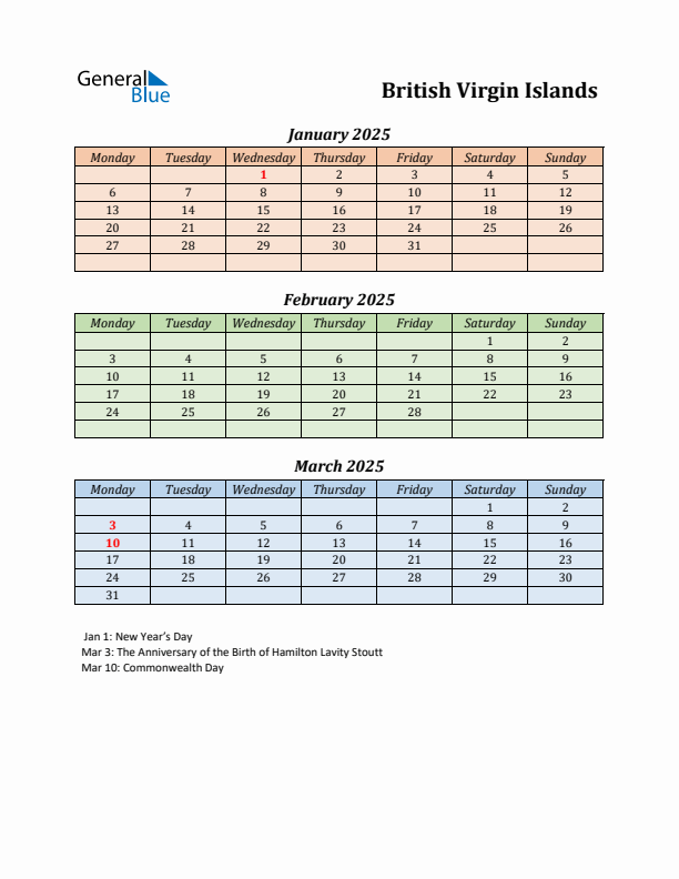 Q1 2025 Holiday Calendar - British Virgin Islands