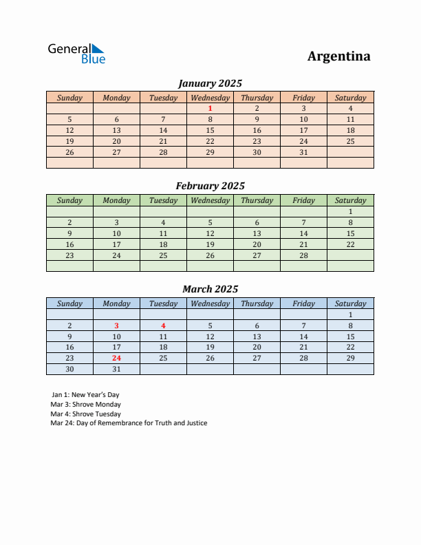 Q1 2025 Holiday Calendar - Argentina