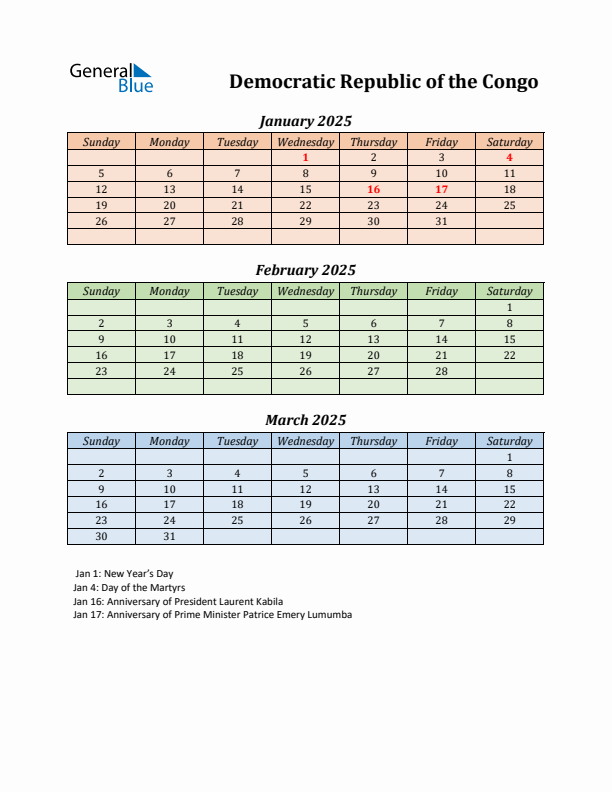 Q1 2025 Holiday Calendar - Democratic Republic of the Congo