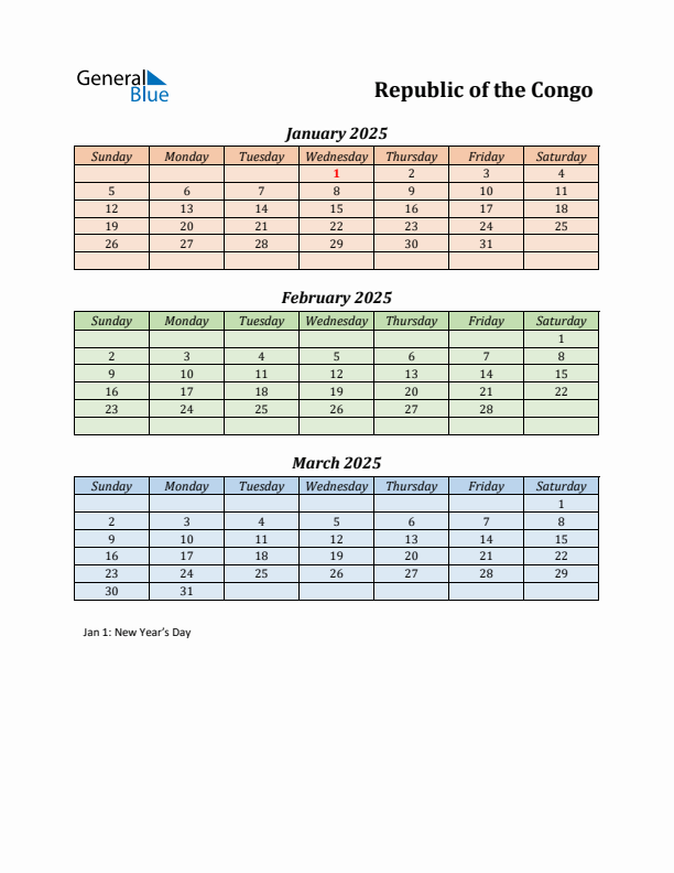 Q1 2025 Holiday Calendar - Republic of the Congo