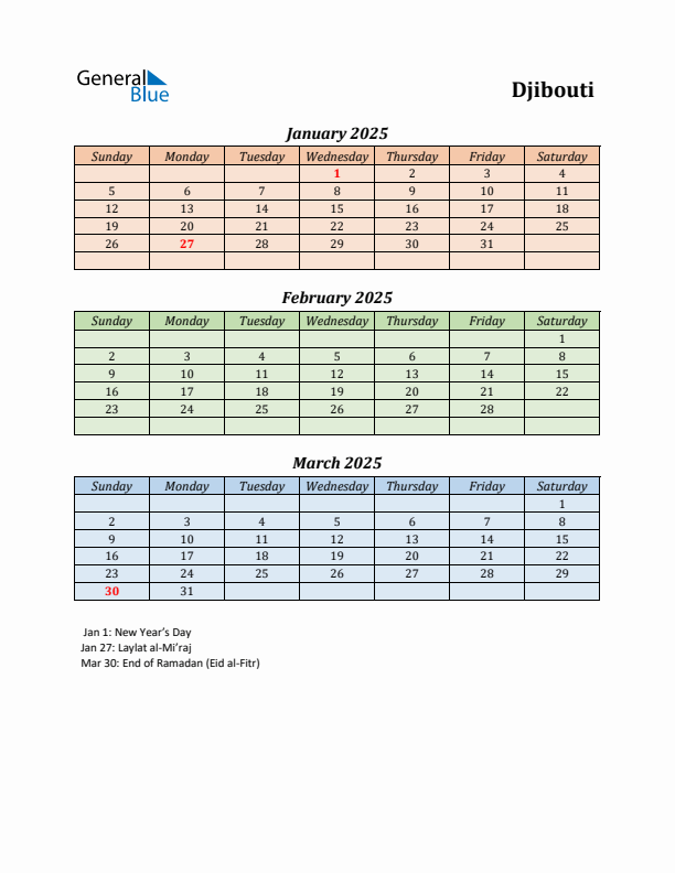 Q1 2025 Holiday Calendar - Djibouti