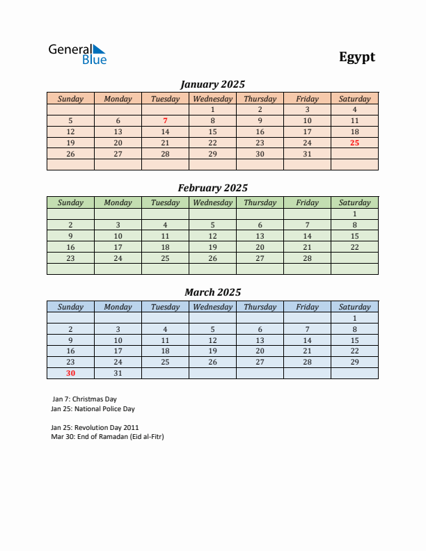 Q1 2025 Holiday Calendar - Egypt