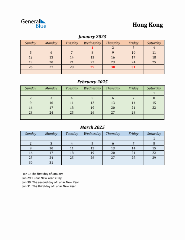 Q1 2025 Holiday Calendar - Hong Kong