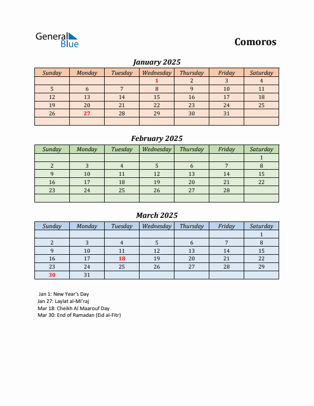 Q1 2025 Holiday Calendar - Comoros