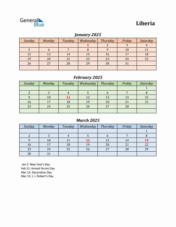 Q1 2025 Holiday Calendar - Liberia
