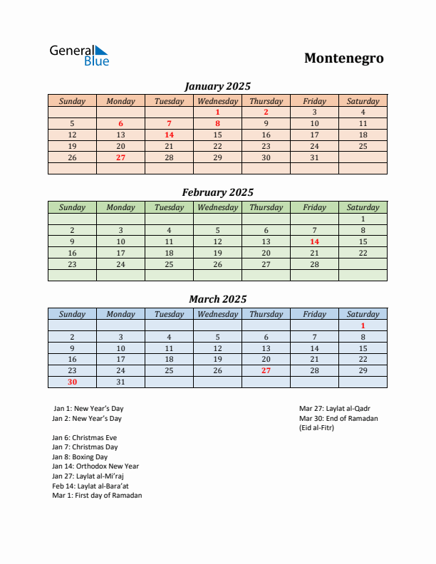 Q1 2025 Holiday Calendar - Montenegro