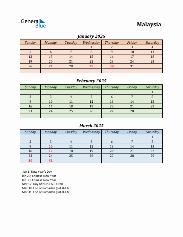 Q1 2025 Holiday Calendar - Malaysia
