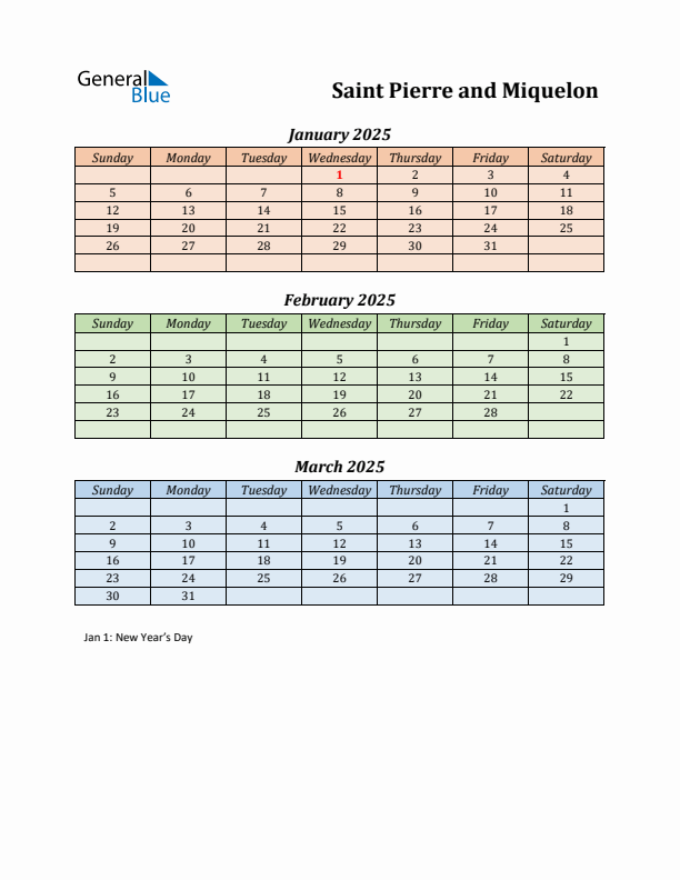 Q1 2025 Holiday Calendar - Saint Pierre and Miquelon