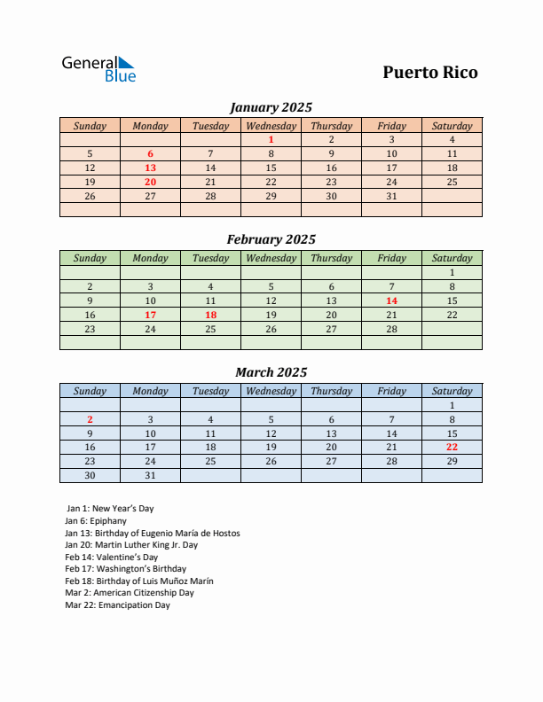 Q1 2025 Holiday Calendar - Puerto Rico