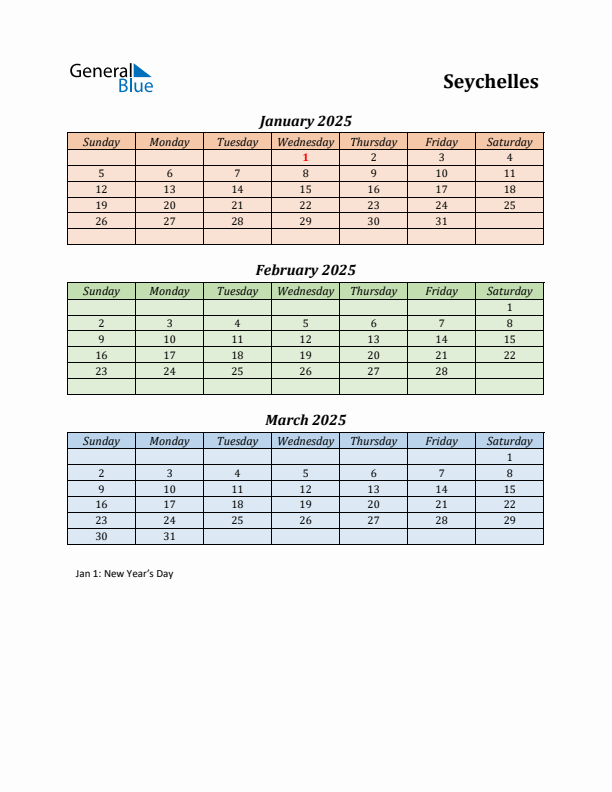 Q1 2025 Holiday Calendar - Seychelles