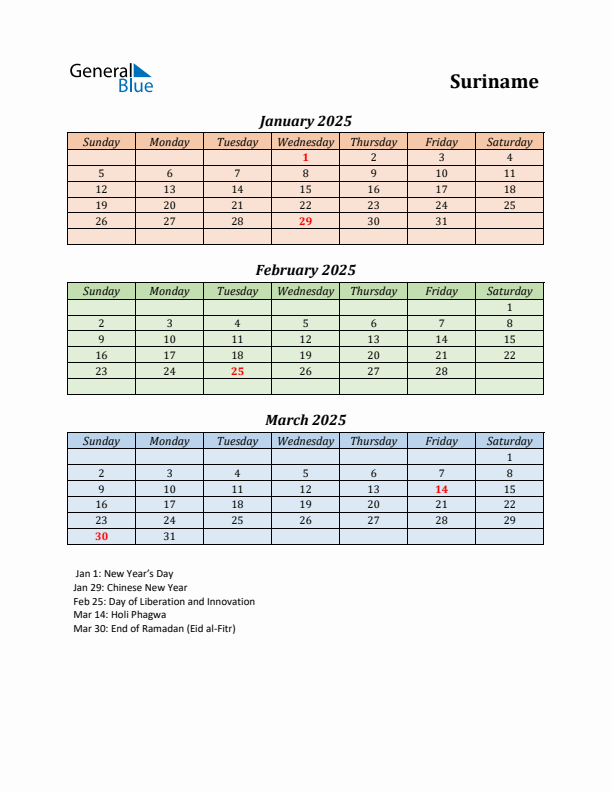 Q1 2025 Holiday Calendar - Suriname