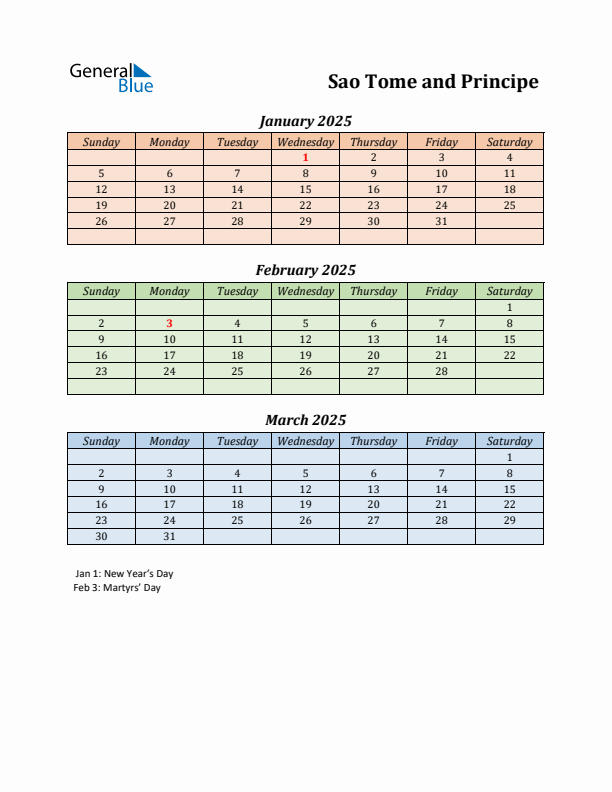 Q1 2025 Holiday Calendar - Sao Tome and Principe