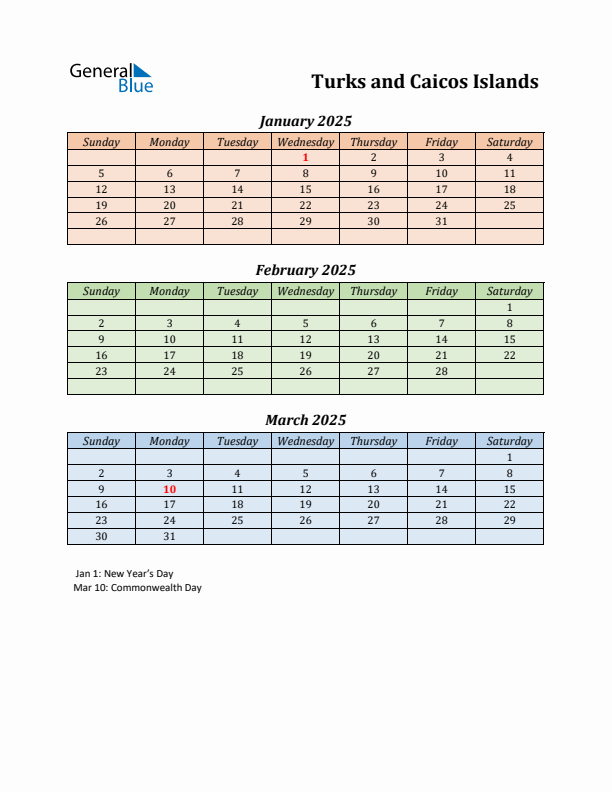 Q1 2025 Holiday Calendar - Turks and Caicos Islands