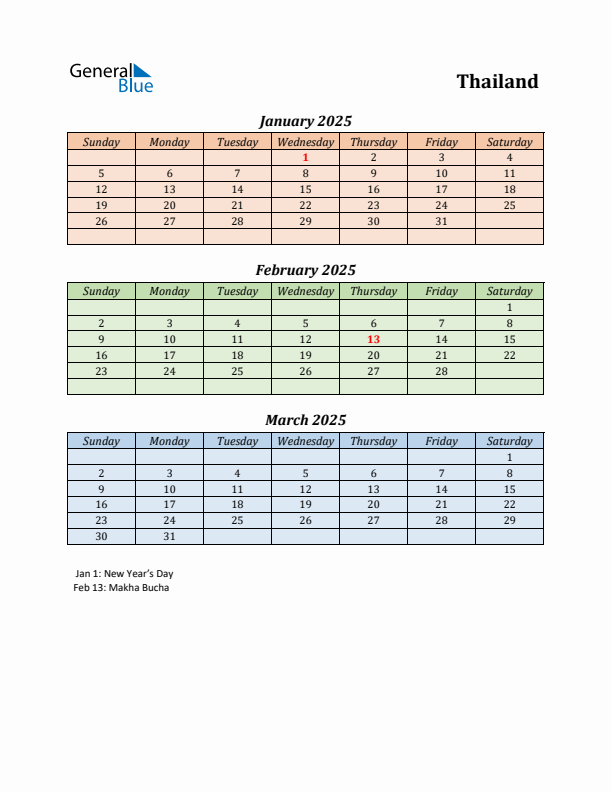 Q1 2025 Holiday Calendar - Thailand