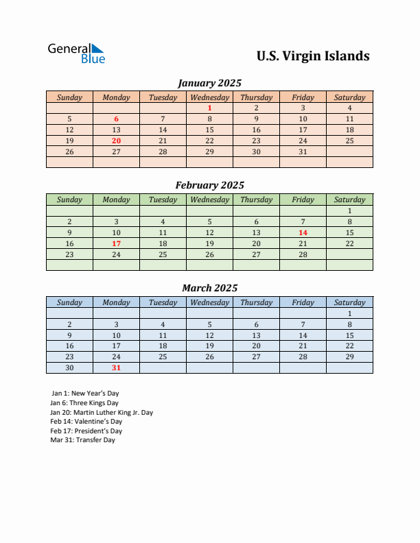 Q1 2025 Holiday Calendar - U.S. Virgin Islands